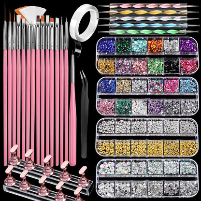 FANDAMEI 15-Piece Nail Art Tools Set - Acrylic Nail Brush, Nail Stand, Rhinestones, Dotting Tool, and More for Professional Nail Design
