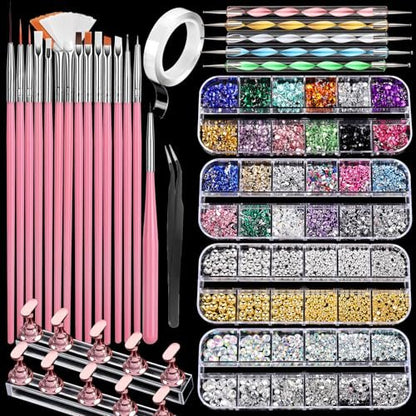FANDAMEI 15-Piece Nail Art Tools Set - Acrylic Nail Brush, Nail Stand, Rhinestones, Dotting Tool, and More for Professional Nail Design