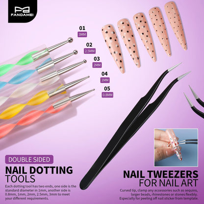 FANDAMEI 15-Piece Nail Art Tools Set - Acrylic Nail Brush, Nail Stand, Rhinestones, Dotting Tool, and More for Professional Nail Design