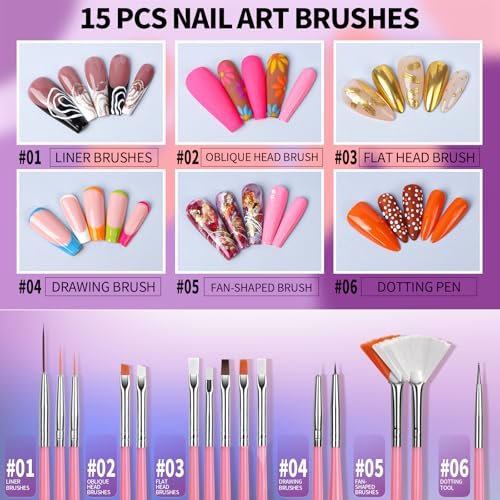 FANDAMEI 15-Piece Nail Art Tools Set - Acrylic Nail Brush, Nail Stand, Rhinestones, Dotting Tool, and More for Professional Nail Design - görsel 4