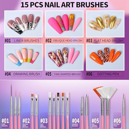 FANDAMEI 15-Piece Nail Art Tools Set - Acrylic Nail Brush, Nail Stand, Rhinestones, Dotting Tool, and More for Professional Nail Design