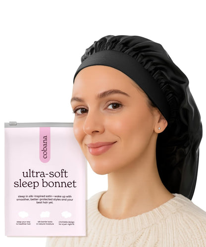 Cobana Satin Sleep Bonnet – Double-Lined Night Cap for Natural Hair, Braids, Curls & All Hair Types – Adjustable, Slip-Resistant Wrap – Protects Edges Overnight (Black) Avelisse