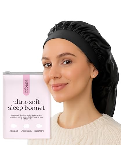 Cobana Satin Sleep Bonnet – Double-Lined Night Cap for Natural Hair, Braids, Curls & All Hair Types – Adjustable, Slip-Resistant Wrap – Protects Edges Overnight (Black) Avelisse