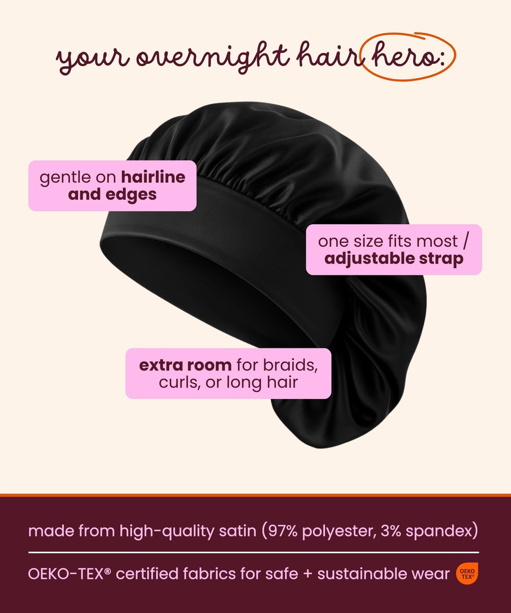 Cobana Satin Sleep Bonnet – Double-Lined Night Cap for Natural Hair, Braids, Curls & All Hair Types – Adjustable, Slip-Resistant Wrap – Protects Edges Overnight (Black) Avelisse