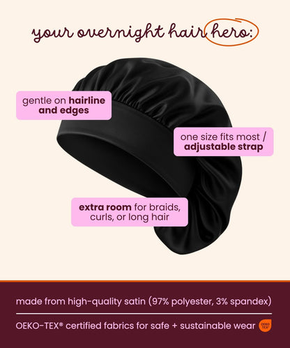 Cobana Satin Sleep Bonnet – Double-Lined Night Cap for Natural Hair, Braids, Curls & All Hair Types – Adjustable, Slip-Resistant Wrap – Protects Edges Overnight (Black) Avelisse