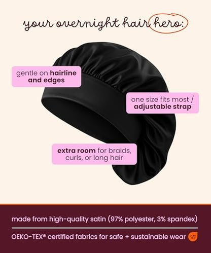 Cobana Satin Sleep Bonnet – Double-Lined Night Cap for Natural Hair, Braids, Curls & All Hair Types – Adjustable, Slip-Resistant Wrap – Protects Edges Overnight (Black) Avelisse