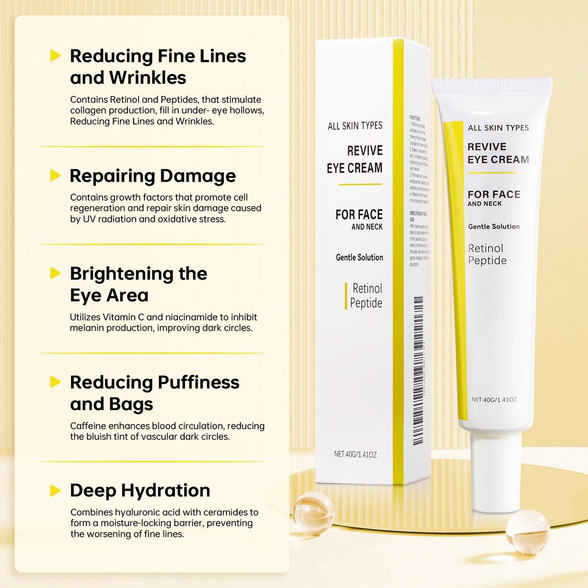 Revive Eye Cream with Retinal and Niacinamide – Reduces Under-Eye Bags, Fine Lines, Dark Circles, and Wrinkles – Stimulates Cell Renewal and Firms Skin – Korean Skin Care, 40g (1.40 fl. oz) Avelisse