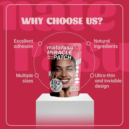 Materasu Pimple Patches for Face & Nose – 192 Hydrocolloid Acne Patches with Salicylic Acid, Tea Tree Oil & Calendula Oil (8mm, 10mm, 12mm) – 3 Sizes + 2 Nose Patches