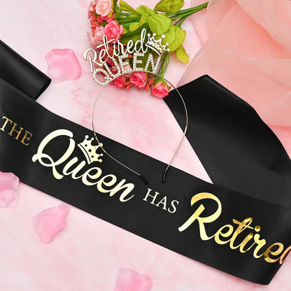 Retirement Gifts for Women - Black Gold Sash and Tiara - The Queen Has Retired! Party Decorations