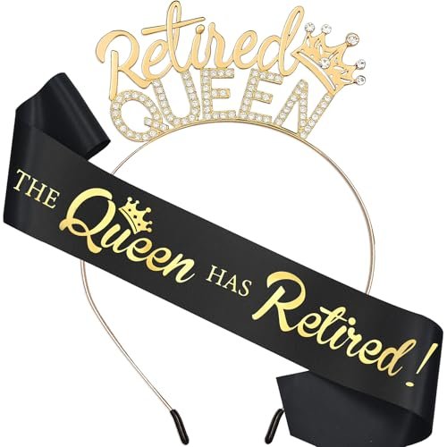 Retirement Gifts for Women - Black Gold Sash and Tiara - The Queen Has Retired! Party Decorations - görsel 2