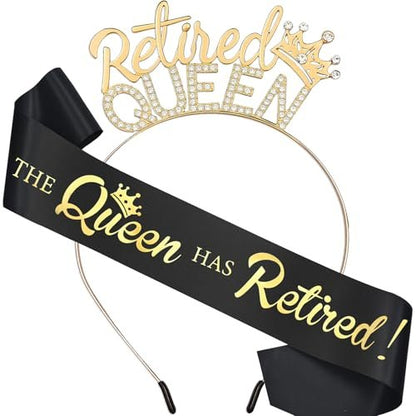 Retirement Gifts for Women - Black Gold Sash and Tiara - The Queen Has Retired! Party Decorations
