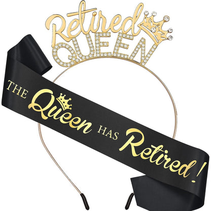 Retirement Gifts for Women - Black Gold Sash and Tiara - The Queen Has Retired! Party Decorations
