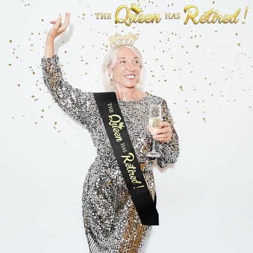 Retirement Gifts for Women - Black Gold Sash and Tiara - The Queen Has Retired! Party Decorations - görsel 10