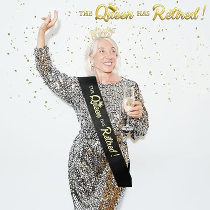 Retirement Gifts for Women - Black Gold Sash and Tiara - The Queen Has Retired! Party Decorations