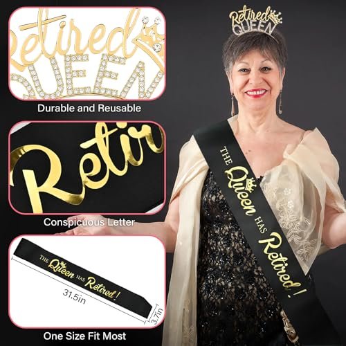 Retirement Gifts for Women - Black Gold Sash and Tiara - The Queen Has Retired! Party Decorations - görsel 4