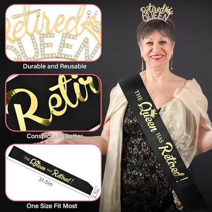 Retirement Gifts for Women - Black Gold Sash and Tiara - The Queen Has Retired! Party Decorations