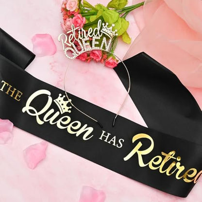 Retirement Gifts for Women - Black Gold Sash and Tiara - The Queen Has Retired! Party Decorations