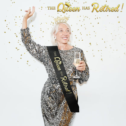 Retirement Gifts for Women - Black Gold Sash and Tiara - The Queen Has Retired! Party Decorations