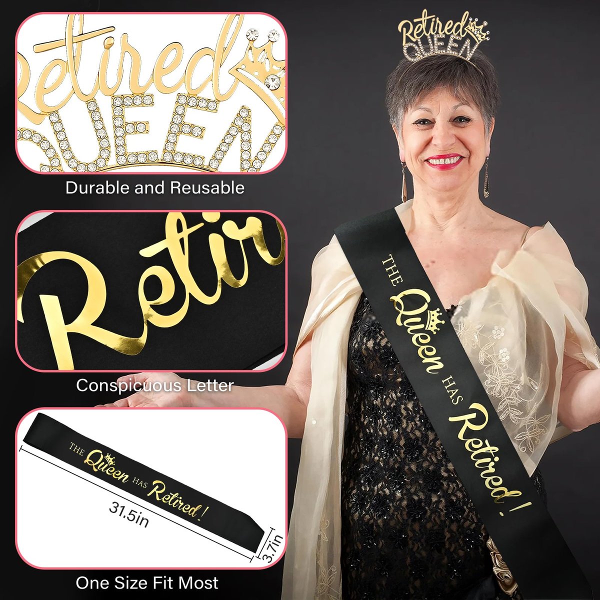 Retirement Gifts for Women - Black Gold Sash and Tiara - The Queen Has Retired! Party Decorations - görsel 3