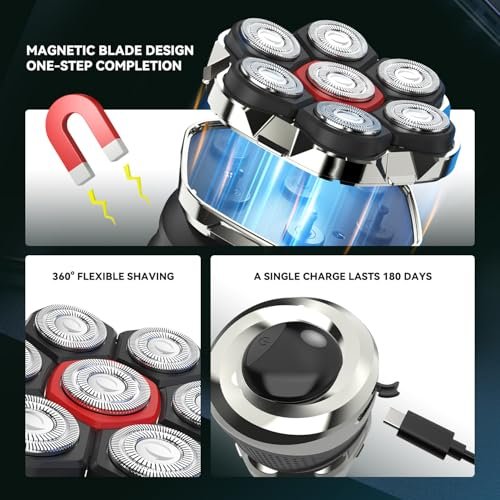 Ordele Men's Electric Rotary Shaver Bald, 2026 Upgrade 7D Floating Shaver with LED Display, IPX6 Waterproof, Type-C Fast Charge, Magnetic Heads, Travel Case - görsel 4