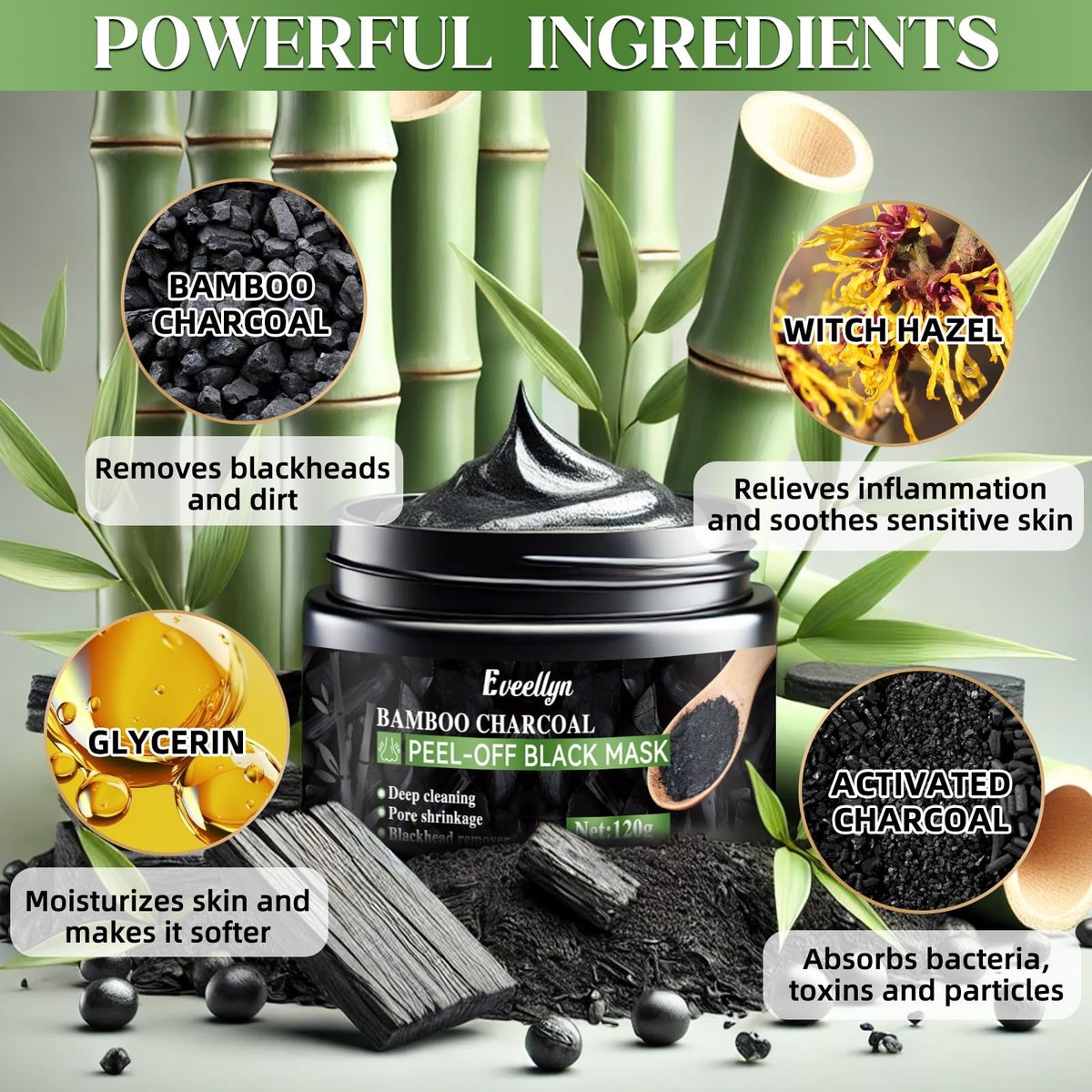 Eveellyn Blackhead Remover Mask - Bamboo Charcoal Peel Off Face Mask for Deep Cleansing, Pore Shrinking, Acne & Blackhead Removal, 120ml Avelisse