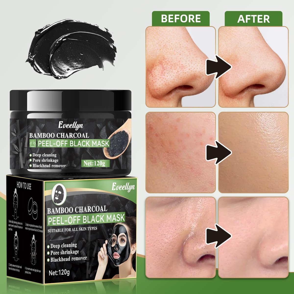 Eveellyn Blackhead Remover Mask - Bamboo Charcoal Peel Off Face Mask for Deep Cleansing, Pore Shrinking, Acne & Blackhead Removal, 120ml Avelisse