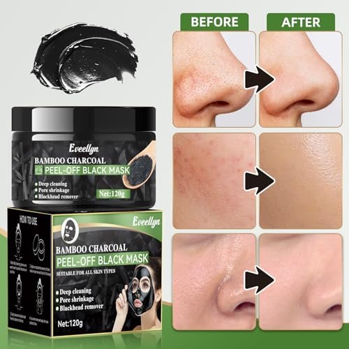 Eveellyn Blackhead Remover Mask - Bamboo Charcoal Peel Off Face Mask for Deep Cleansing, Pore Shrinking, Acne & Blackhead Removal, 120ml Avelisse
