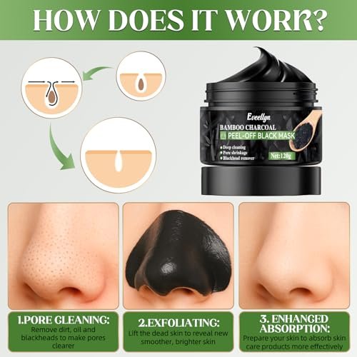 Eveellyn Blackhead Remover Mask - Bamboo Charcoal Peel Off Face Mask for Deep Cleansing, Pore Shrinking, Acne & Blackhead Removal, 120ml Avelisse