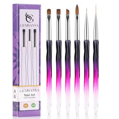 GEMSANVA 6-Piece Nail Art Brushes Set - Clean Up, Liner, Polish & Extension Gel Brush for DIY Manicure Tools