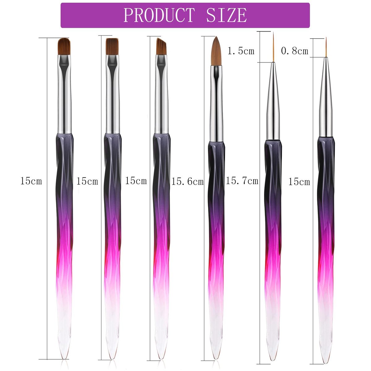 GEMSANVA 6-Piece Nail Art Brushes Set - Clean Up, Liner, Polish & Extension Gel Brush for DIY Manicure Tools - görsel 3