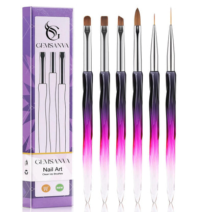 GEMSANVA 6-Piece Nail Art Brushes Set - Clean Up, Liner, Polish & Extension Gel Brush for DIY Manicure Tools