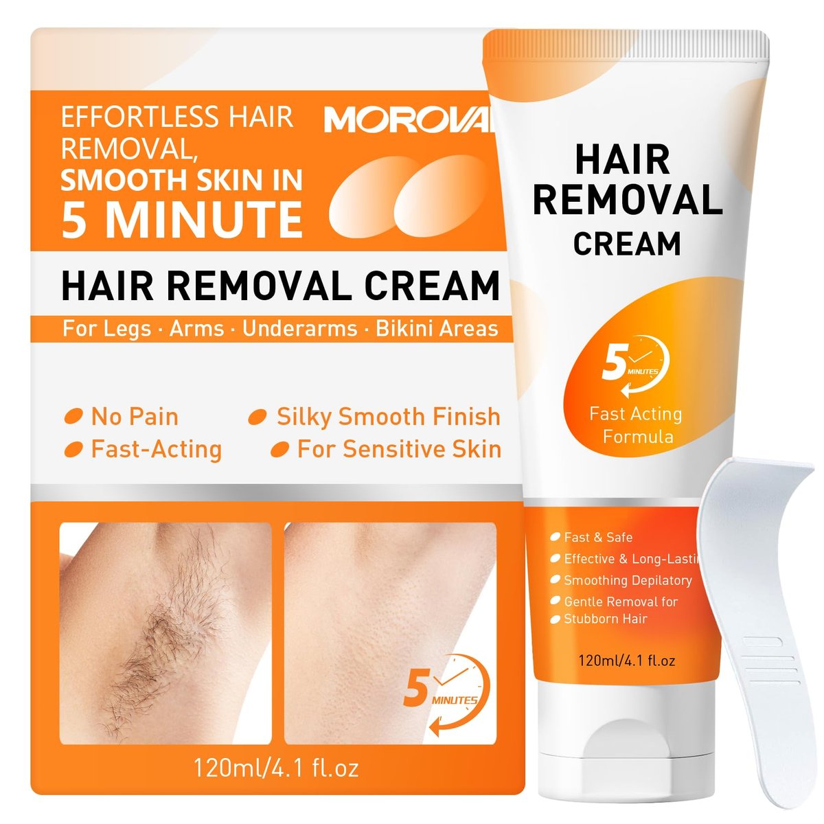 Morovan Hair Removal Cream 4.1 Oz – Fast Acting Depilatory Cream for Women & Men, Painless Smooth Skin on Legs, Arms, Bikini Line at Home - görsel 1