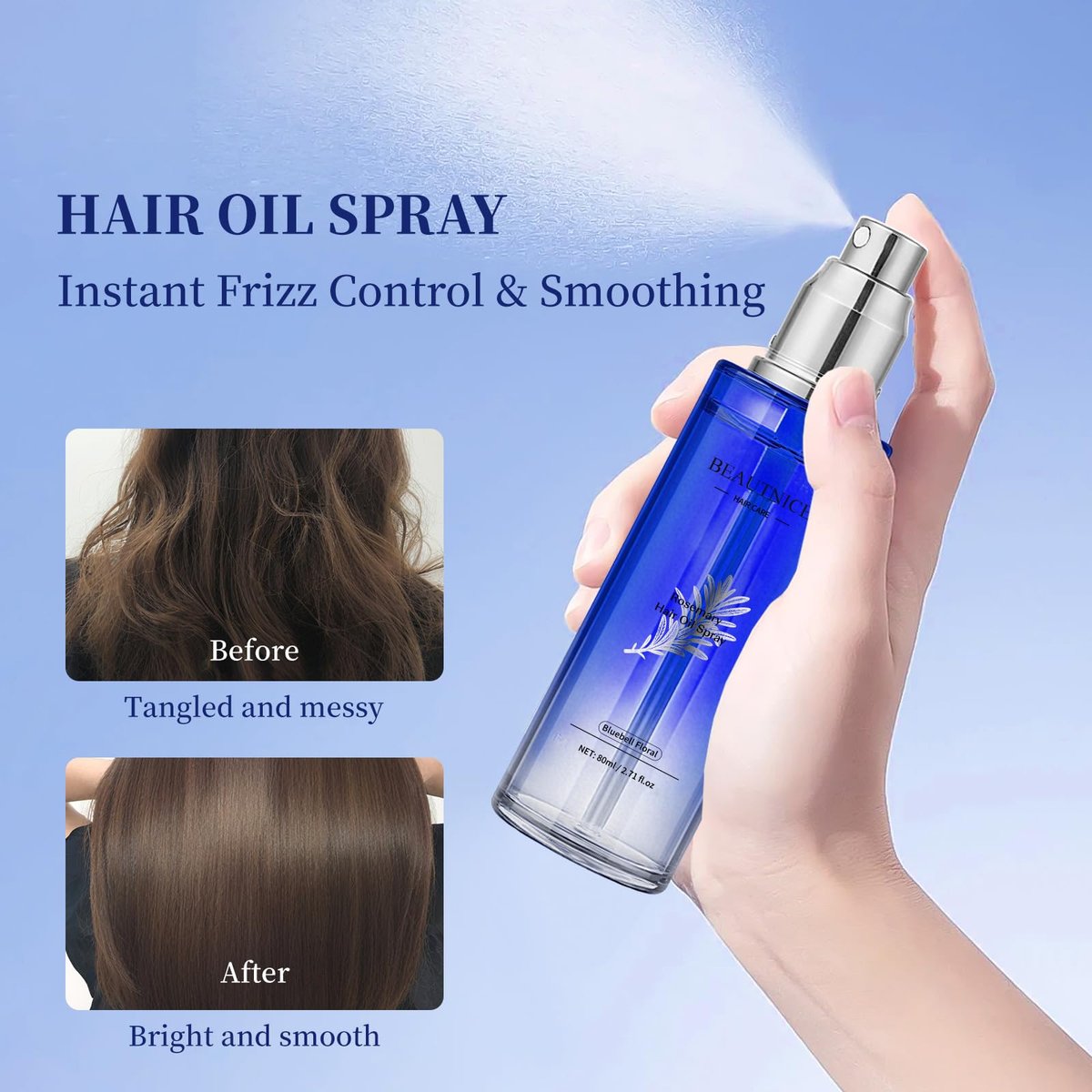 BEAUTNICE Rosemary Hair Treatment Oil Spray 80ml - Frizz Control & Split End Repair with Argan, Batana & Lavender Oil, Bluebell Fragrance Avelisse