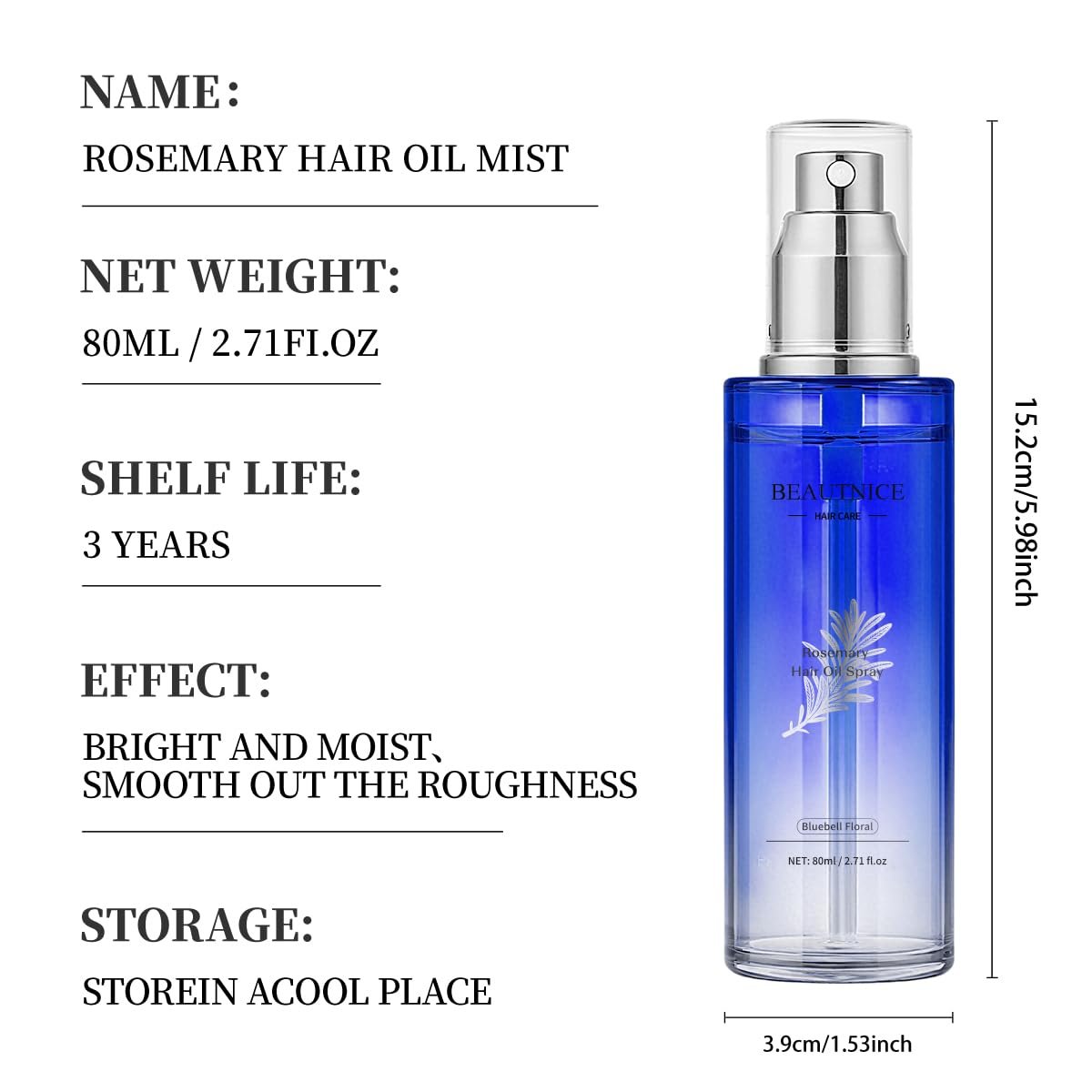 BEAUTNICE Rosemary Hair Treatment Oil Spray 80ml - Frizz Control & Split End Repair with Argan, Batana & Lavender Oil, Bluebell Fragrance Avelisse
