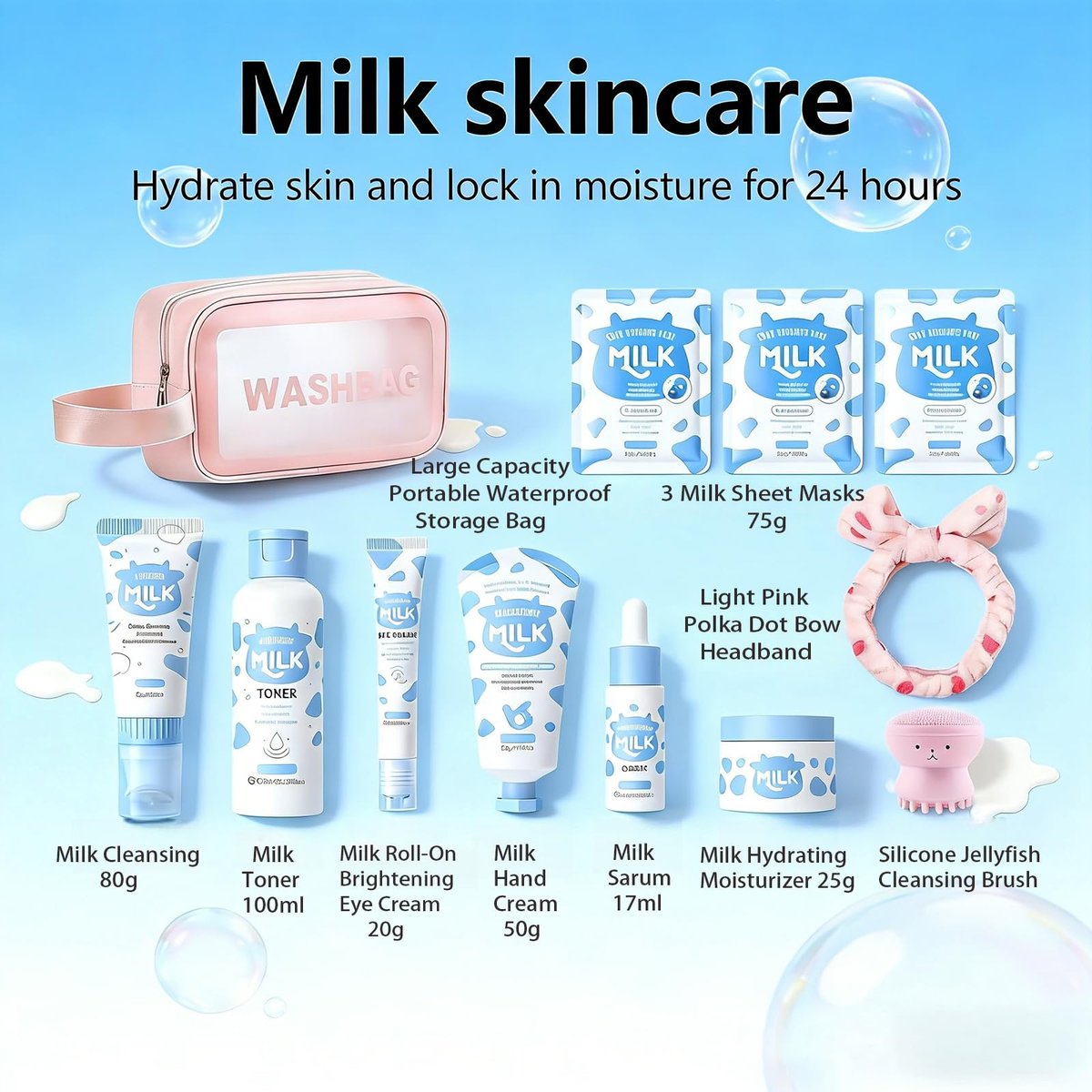 Vienflona Milk Skincare Set for Kids & Teens - 12 in 1 Moisturizing & Gentle Face Care Kit for Girls 8-12, Birthday Gift Avelisse