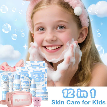 Vienflona Milk Skincare Set for Kids & Teens - 12 in 1 Moisturizing & Gentle Face Care Kit for Girls 8-12, Birthday Gift Avelisse