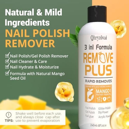 Qhryzoval Acetone Nail Polish Remover - Professional Soak Off Gel & Glue Remover with Mango Oil, 8 Fl Oz