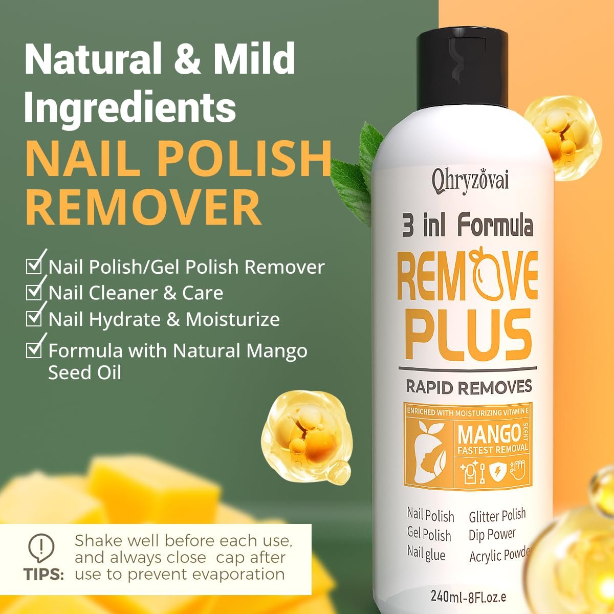 Qhryzoval Acetone Nail Polish Remover - Professional Soak Off Gel & Glue Remover with Mango Oil, 8 Fl Oz - görsel 3