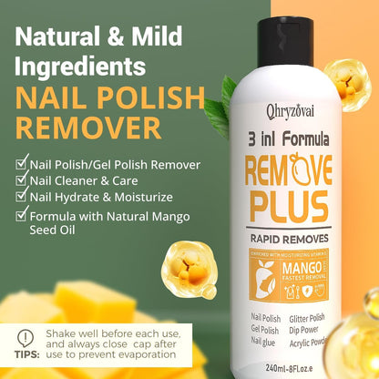 Qhryzoval Acetone Nail Polish Remover - Professional Soak Off Gel & Glue Remover with Mango Oil, 8 Fl Oz