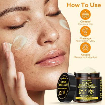 Henjaca Beef Tallow for Skin, Tallow and Honey Balm - 5 oz Organic Grass-Fed Whipped Beef Tallow Cream, Deep Moisturizing Facial & Body Balm, 100% Natural Face Moisturizer for All Skin Types Avelisse