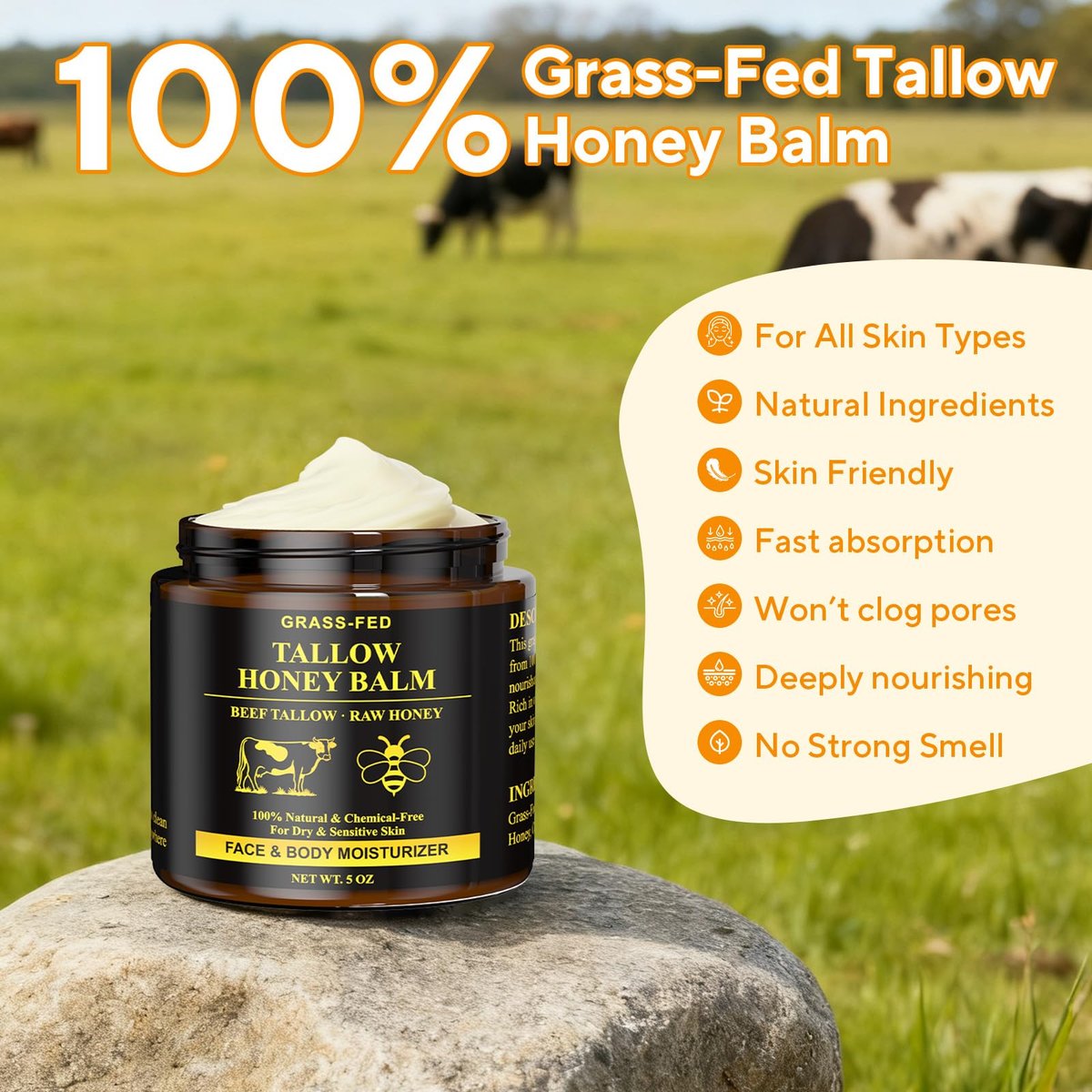 Henjaca Beef Tallow for Skin, Tallow and Honey Balm - 5 oz Organic Grass-Fed Whipped Beef Tallow Cream, Deep Moisturizing Facial & Body Balm, 100% Natural Face Moisturizer for All Skin Types Avelisse