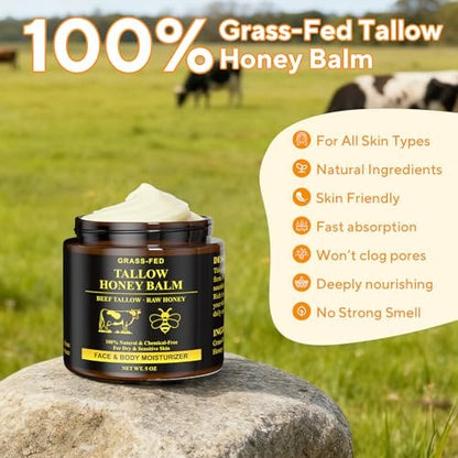 Henjaca Beef Tallow for Skin, Tallow and Honey Balm - 5 oz Organic Grass-Fed Whipped Beef Tallow Cream, Deep Moisturizing Facial & Body Balm, 100% Natural Face Moisturizer for All Skin Types Avelisse