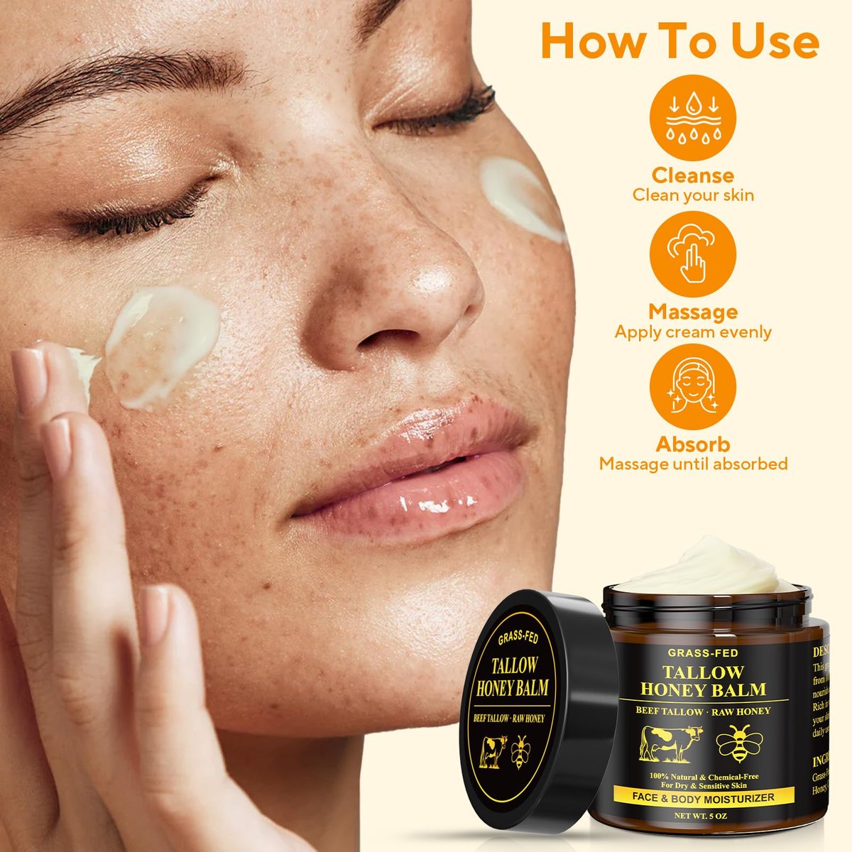 Henjaca Beef Tallow for Skin, Tallow and Honey Balm - 5 oz Organic Grass-Fed Whipped Beef Tallow Cream, Deep Moisturizing Facial & Body Balm, 100% Natural Face Moisturizer for All Skin Types Avelisse