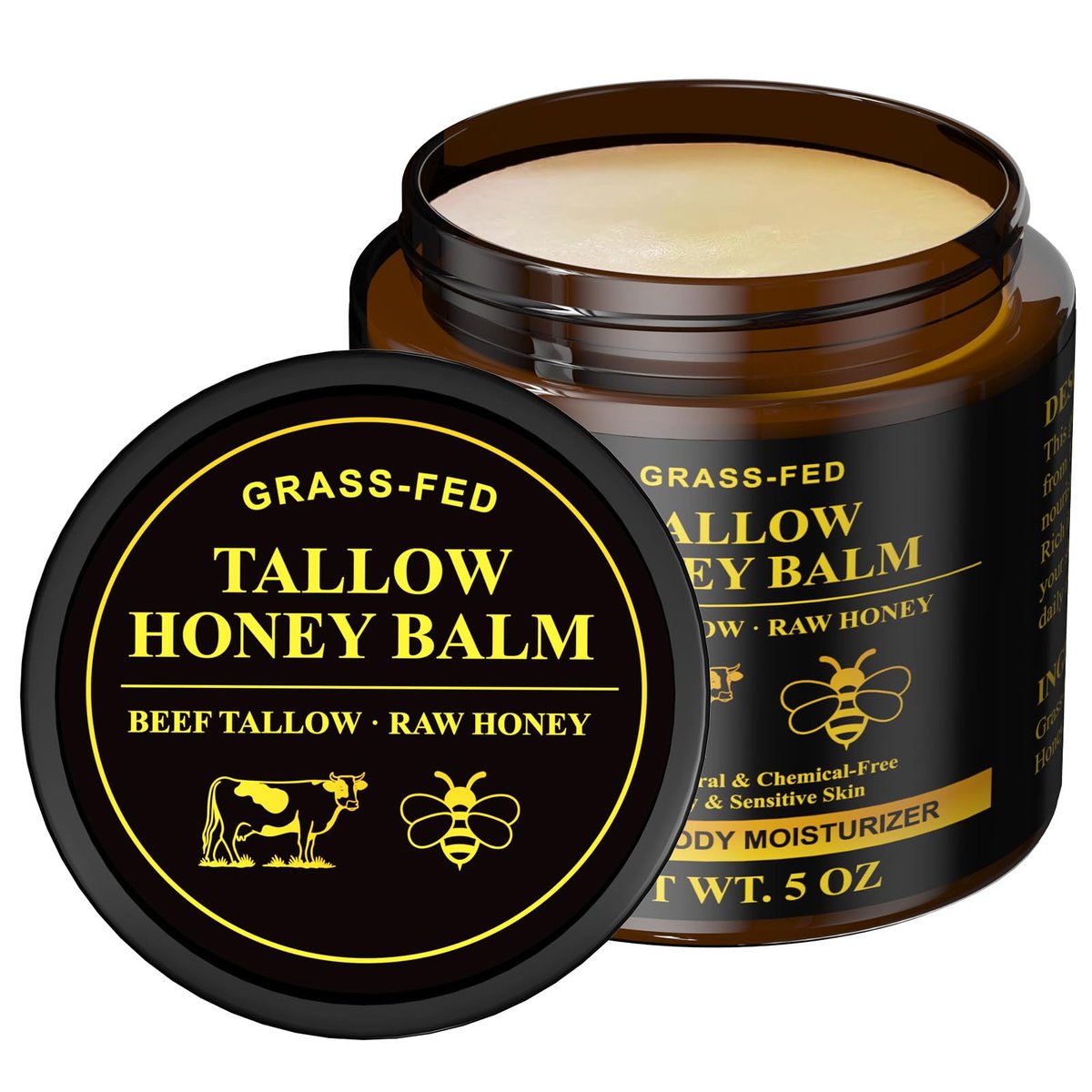 Henjaca Beef Tallow for Skin, Tallow and Honey Balm - 5 oz Organic Grass-Fed Whipped Beef Tallow Cream, Deep Moisturizing Facial & Body Balm, 100% Natural Face Moisturizer for All Skin Types Avelisse