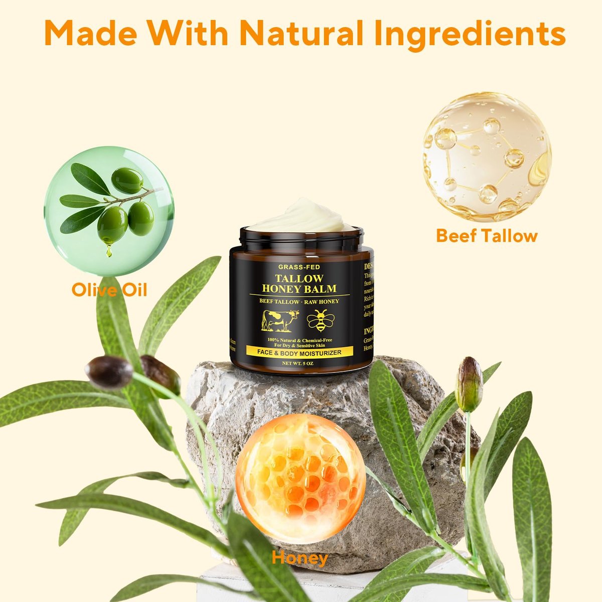Henjaca Beef Tallow for Skin, Tallow and Honey Balm - 5 oz Organic Grass-Fed Whipped Beef Tallow Cream, Deep Moisturizing Facial & Body Balm, 100% Natural Face Moisturizer for All Skin Types Avelisse