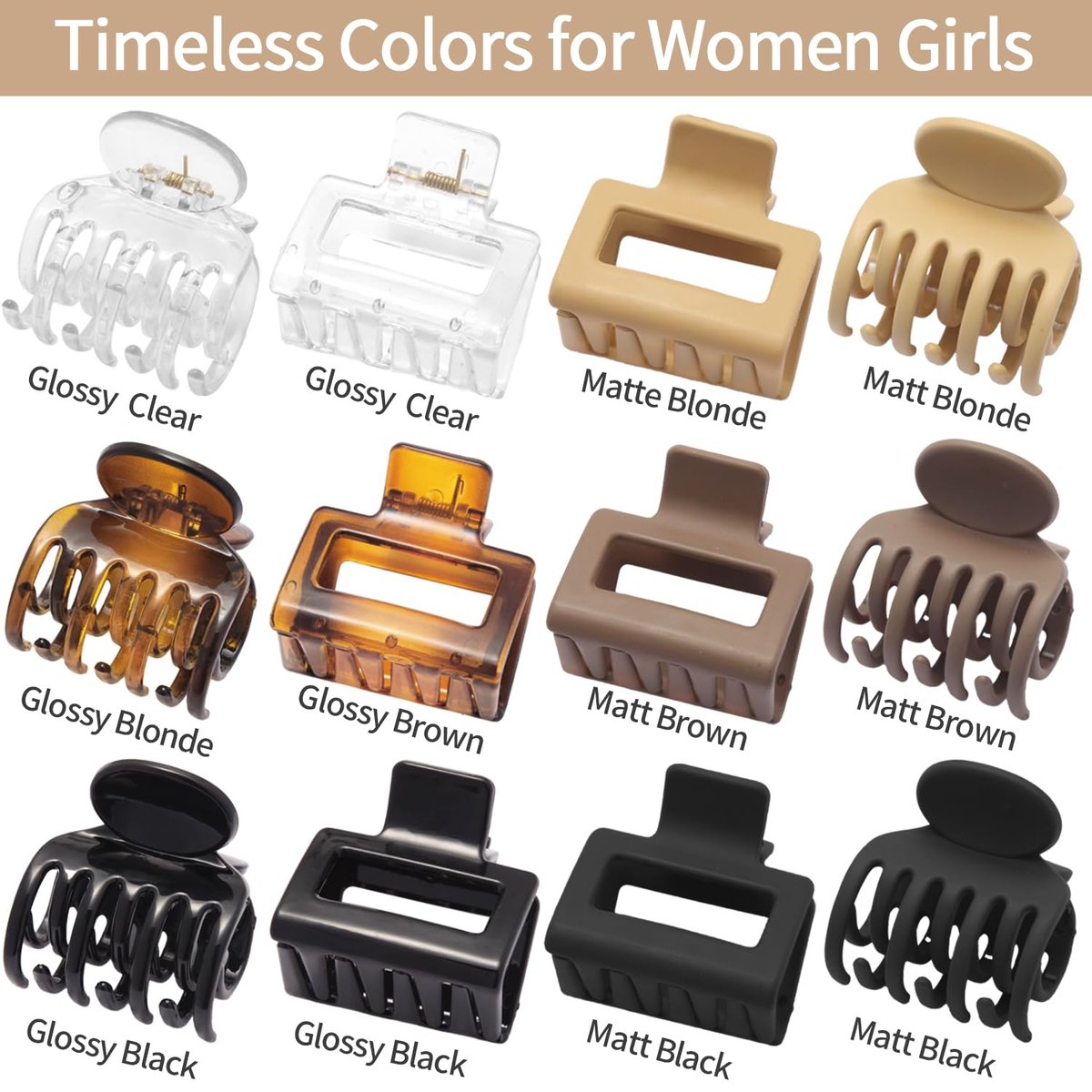 SUTHIA Medium Hair Clips for Women Girls - 12 Pack, 2 Inch Small Claw Clips for Thin, Fine, Short, Medium, Curly & Thick Hair - Non Slip Rectangle & Double Row Teeth - Classic Neutral Hair Accessories - görsel 5