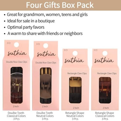 SUTHIA Medium Hair Clips for Women Girls - 12 Pack, 2 Inch Small Claw Clips for Thin, Fine, Short, Medium, Curly & Thick Hair - Non Slip Rectangle & Double Row Teeth - Classic Neutral Hair Accessories