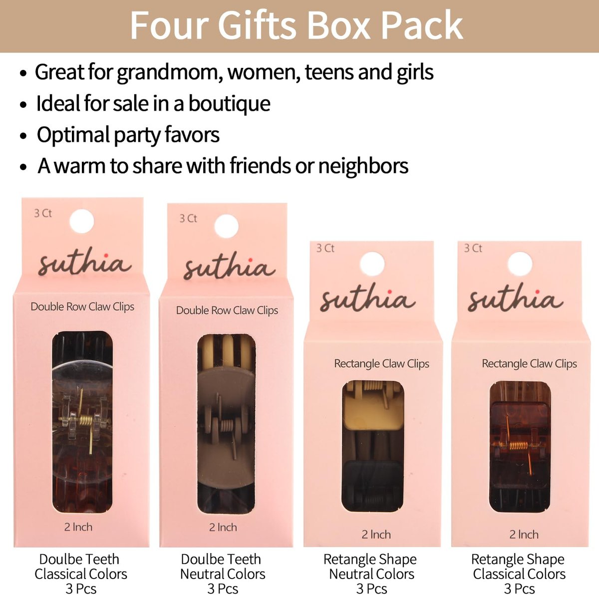SUTHIA Medium Hair Clips for Women Girls - 12 Pack, 2 Inch Small Claw Clips for Thin, Fine, Short, Medium, Curly & Thick Hair - Non Slip Rectangle & Double Row Teeth - Classic Neutral Hair Accessories - görsel 13