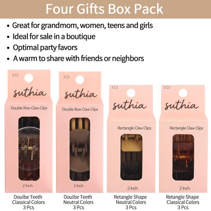 SUTHIA Medium Hair Clips for Women Girls - 12 Pack, 2 Inch Small Claw Clips for Thin, Fine, Short, Medium, Curly & Thick Hair - Non Slip Rectangle & Double Row Teeth - Classic Neutral Hair Accessories