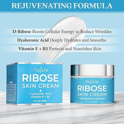 nuJuv Ribose Anti-Aging Cream - D-Ribose, Hyaluronic Acid, Vitamin E & B5 - Firming & Lifting Moisturizer for Day & Night - Made in USA - 2 oz Avelisse